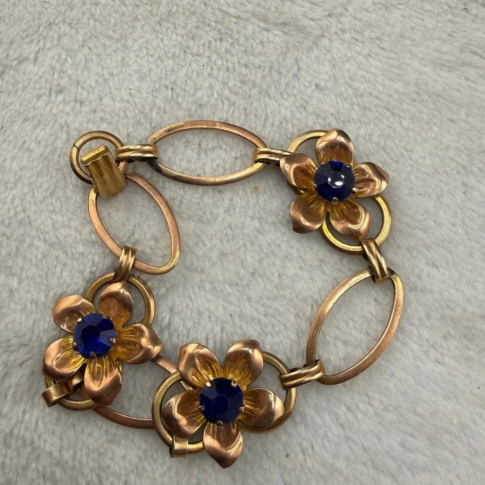 Vintage Van Dell Bracelet Gold Filled Blue Stone Floral Link 7 READ